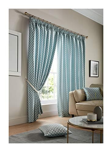 Image of Alan Symonds Cotswold Fully Lined Jacquard Pencil Pleat Taped Top Curtains - Pair (Teal, 90" x 108" (229x274cm))