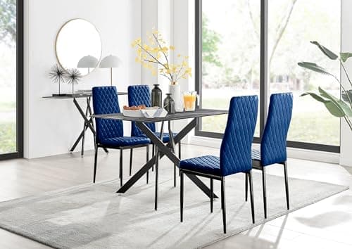 Image of Furniturebox UK Leonardo Dark Glass Marble Effect Black Leg Table & 4 Navy Velvet Milan Black Leg Chairs