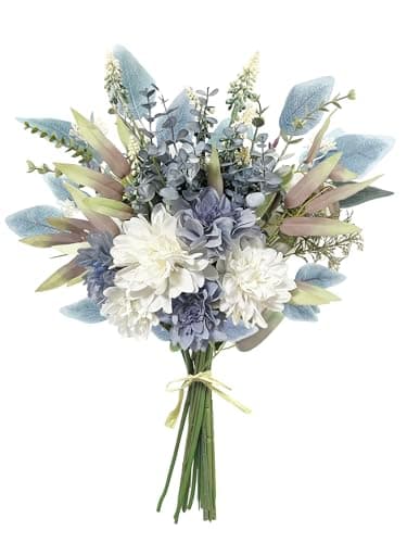 Image of Aoztio Artificial Flowers for Decoration, Blue and White Silk Flowers, Faux Dahlia Flowers Arrangement for Home Kitchen Decor, Table Centerpiece, and Office Decoration (No Vase)