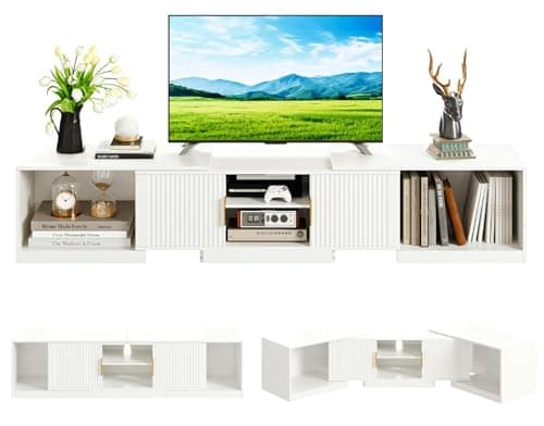 Image of IRONCK Extendable TV Stand Cabinet 160-200cm, Corner TV Unit with 2 Doors & Adjustable Shelves, Wooden TV Cabinets for up to 65-75 Inches TVs, Modern TV Console Table for Living Room, Bedroom, White