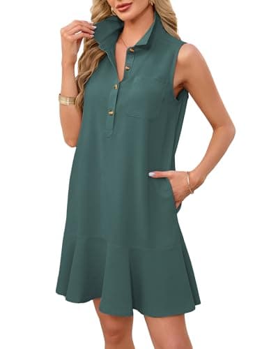 Image of Famulily Tank Dresses for Women UK Casual Button Down Shirt Dress Swing Summer Ruffle Dress Dark Green XXL
