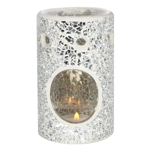 Image of Tech Island Wax Melt Burner, Silver Crackle Glass Design Oil Burner, Round Tea light, for Room Décor, Ornaments, Made with Glass (Silver Pillar)