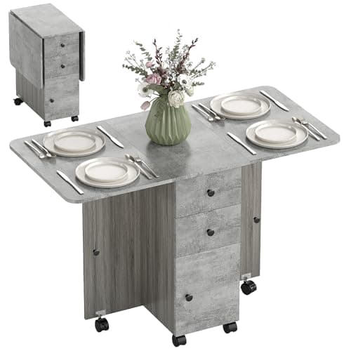 Image of HOMCOM 60-120 cm Folding Dining Table for 4-6, Rolling Drop Leaf Table on Wheels with Storage Drawers, Cabinet and Open Shelf for Small Spaces, Kitchen, Dining Room, Flat, Grey Marble Effect