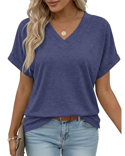 Image of PLOKNRD Women's Loose Fit T-Shirts V Neck Cuffed Short Sleeve Ladies Summer Casual Tops Navy Blue M