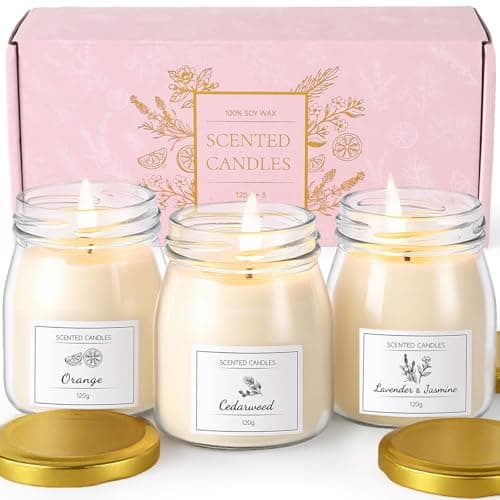 Image of Scented Candles Gift Set, Soy Wax Candles of Lavender & Jasmine, Orange, Сеdarwood, 3 x 4.2oz 90 Hours Burn Time, Perfect Candles Gifts for Women, Birthdays, Christmas, Mother's Day, Valentine's Day