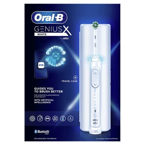 Image of Oral-B Genius X Electric Toothbrush with Artificial Intelligence, App Connected Handle, 1 Toothbrush Head & Travel Case, 6 Mode Display with Teeth Whitening, 2 Pin UK Plug, White