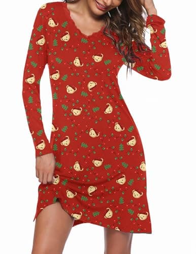 Image of Ekouaer Womens Long Sleeved Nightshirts Christmas Nighties for Women Cotton Nightdress Sleep Tee Print Nightwear Sleepwear Teddy Bear S