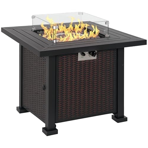 Image of Outsunny Square Propane Gas Fire Pit Table, 50000 BTU Rattan Smokeless Firepit Patio Heater with Glass Screen, Glass Beads and Lid, 81cm x 81cm x 64cm, Black