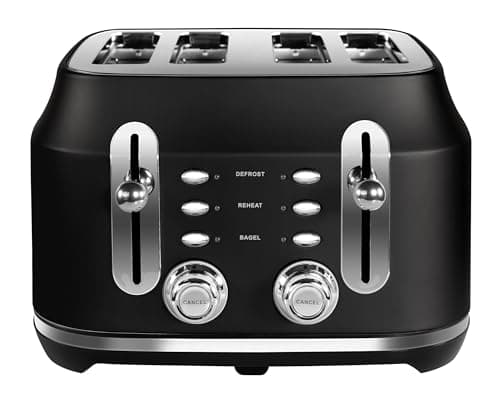 Image of Rangemaster RMCL4S201BK Classic Black 2.1kW 4 Slice Toaster with Defrost, Cancel & Reheat Functions, Removable Crumb Tray & 6 Power Levels with 3 Year Guarantee