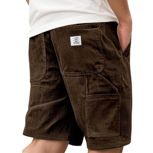 Image of Men's Corduroy Shorts Casual Elastic Waist Drawstring Multi Pocket Embroidered Logo Retro Half Pants Lightweight Summer Beach Jogging Shorts Brown