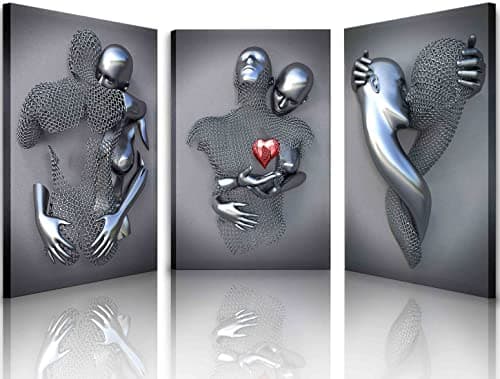 Image of Framed Wall Art for Bedroom 3D Metal Effect Love Heart Couple Wall Art Decor for Living Room 3 Pieces Modern Abstract Grey Black and White Canvas Prints Poster Pictures Paintings for Wall Decorations