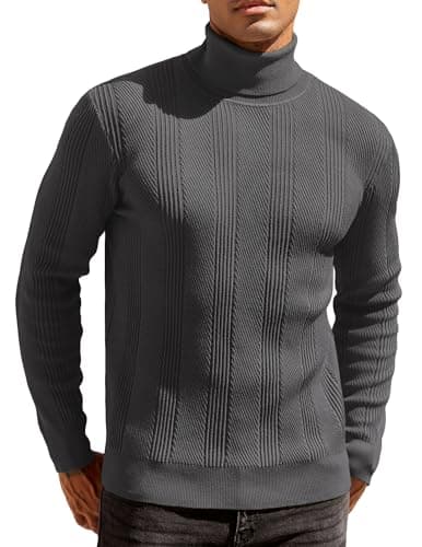 Image of COOFANDY Mens Jumpers Slim Fit Turtle Neck Sweaters Knitted Turtleneck Jumpers Smart Casual Polo Neck Warm Winter Business Pullover Dark Grey L