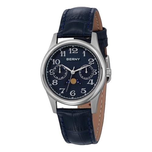 Image of BERNY Quartz Watch for Women Moon Phase Watches Ladies Wristwatch Easy Read Arabic Numerals Dial Analog Watches Sub-dail with Date and Day Calendar Genuine Leather Strap