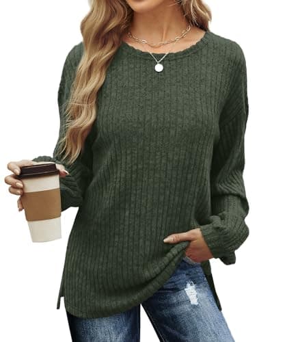 Image of Aokosor Long Sleeve Tops Women Lightweight Jumpers Ladies Sweatshirts Striped Sweater Side Split Size 6-8 Green
