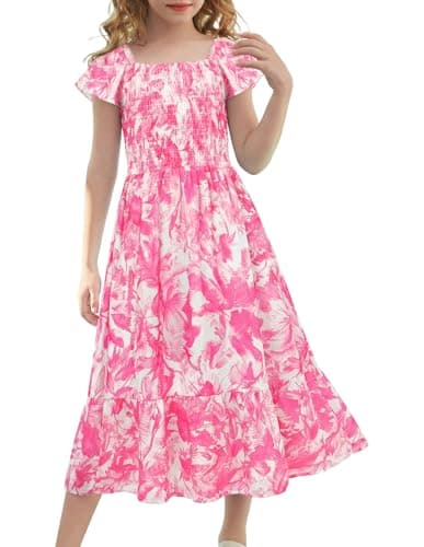 Image of GRACE KARIN Girls Summer Floral Dresses, A-Line Flutter Sleeves Smocked Party Dress, Birthday Wedding Flower Dresses for Kids Rose Foliage 10-11 Years