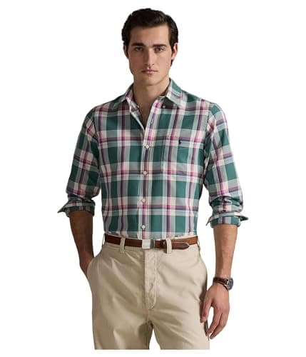 Image of POLO RALPH LAUREN Mens Classic Fit Performance Oxford Shirt, Green Pink Multicolor, XL