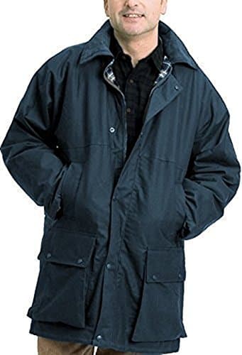 Image of Countrywear New Mens Waxed Cotton Padded Quilted Jacket Branded Coat with Hood Outdoor Countryside Oiled Fishing Hunting Shooting Farming Riding Check Lining (Navy Large)