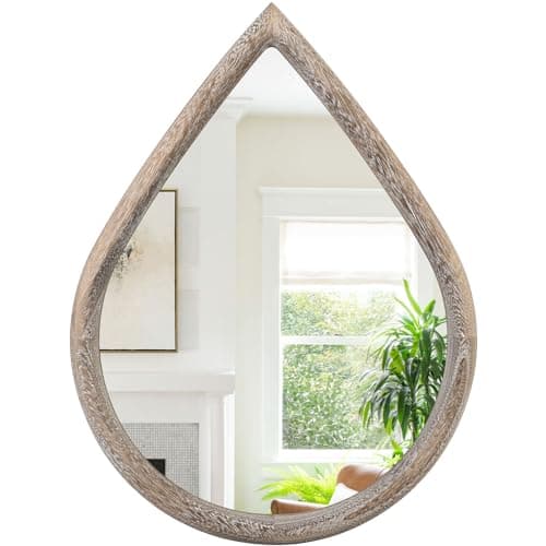 Image of FEUFOAM Small Decorative Tear Drop Wall Mirror - Rustic Wood Frame Oval Mirror for Entryway, Hallway, Living Room