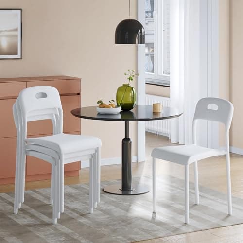 Image of Aptliton Modern Stackable Dining Chairs Set of 4 – White Plastic, Ergonomic Back, Metal Legs, Waterproof & Mark-Resistant, Easy Assembly, Appropriate for Kitchen, Dining Room, Indoor/Outdoor, Four