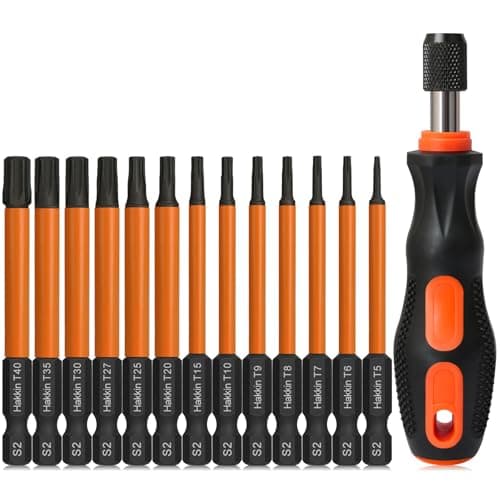 Image of Torx Bit Set with Driver Hakkin 14Pcs Tamper Proof Security Bits S2 Steel Torx Screwdriver Sets 1/4” Hex Shank Magnetic 75mm Torx Screwdriver Bits for Power Tools Hand Tools T5-T40
