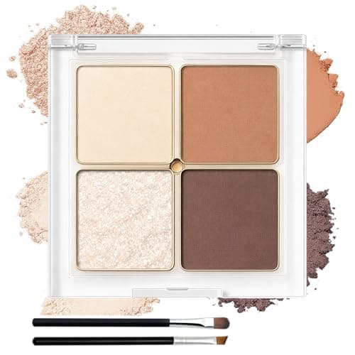 Image of Neutral-Toned 4-Color Matte & Shimmer Eyeshadow Palette with Glitter Topper + 2 Brushes - Long-Lasting, Smudge-Resistant Compact Eye Makeup - Travel-Size Quad for Daily Looks (Nude Brown)