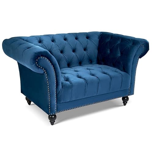 Image of Bravich Chesterfield Velvet Armchair, Blue Single Sofa Chair for Living Room, Classic Button Back Arm Chair with Rolled Arms, Solid Wood Frame, 145cm x 56cm x 82cm