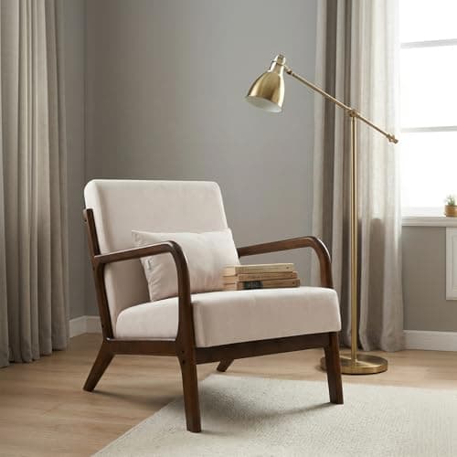 Image of HomeMiYN Accent Chair Armchair with Cushions High-padded Dark Solid Wood Frame Cream Reading Lounge Chair for Living Room Reception