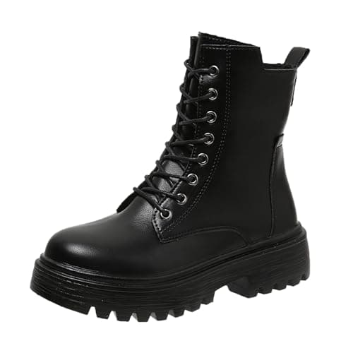 Image of Generisch Women's and Winter Leather Lace-Up Boots Plain Thick Sole Mid Calf Casual Comfort Boots, black, 8 UK
