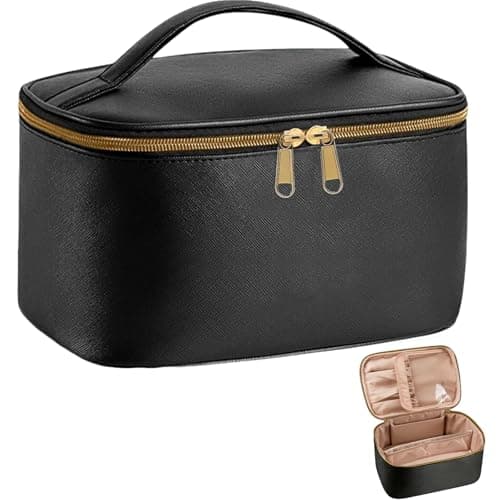 Image of Large Makeup Bag Toiletry Bag, Leather Vanity Case for Water-Resistant, Flat Lay Makeup Bag with Compartments for Brush/Lipstick, Travel Make Up Bags for Women, Black