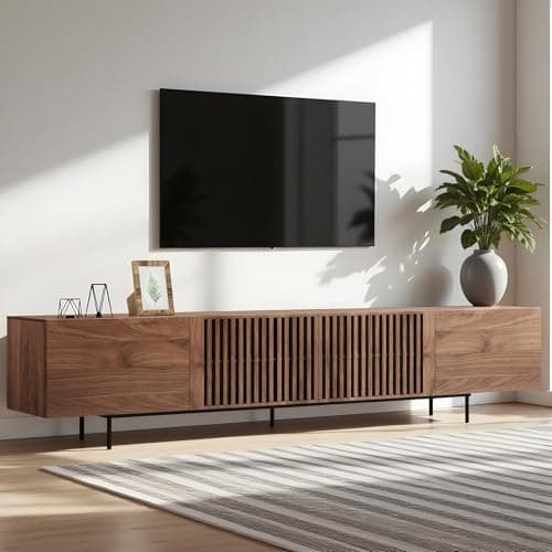 Image of LineCrispton Long TV Unit in Walnut - Mid Century Wooden TV Stand Cabinet for 65", 75", and 85 Inch Televisions, Large Modern Media Unit with Storage for Living Room(L: 240cm)