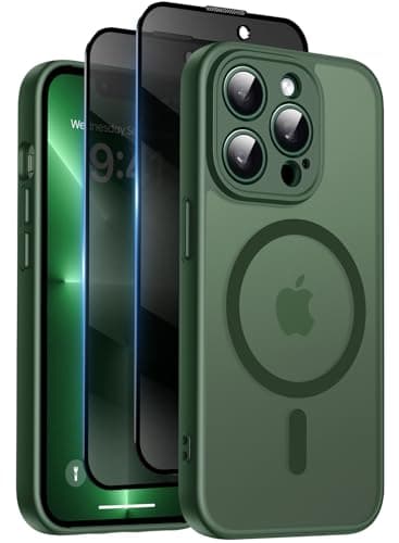Image of Qasyfanc for iPhone 13 Pro Case with MagSafe, Privacy Screen Protectors X2, [Camera Protection] [15FT Military Drop Protection] Magnetic Translucent Matte Back Shockproof Phone Cover, 6.1", Green