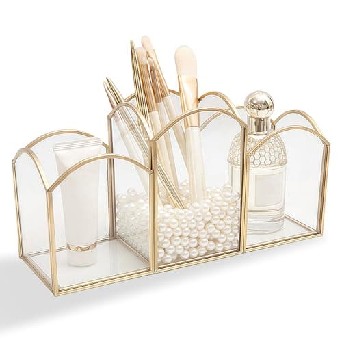 Image of HARLIANGXY Makeup Brush Holder, Vintage Cosmetic Brush Storage, Cosmetic Brushes Holder, Cosmetic Organiser Gold, Glass Makeup Container for Dressing Table, Bedroom