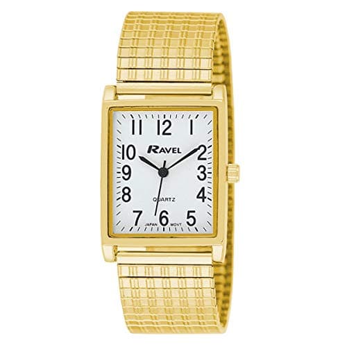 Image of Ravel Gents White Rectangle Dial Goldtone Expander Bracelet Strap Dress Watch R0220.01.1