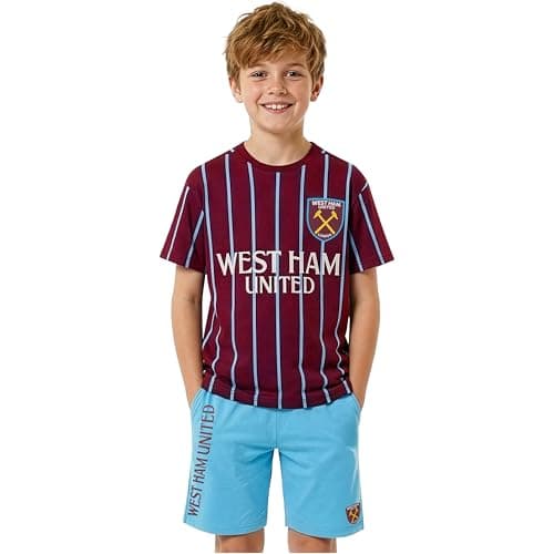 Image of Get Trend West Ham United FC Boys Pyjama Set 7-14 Yrs, Short Cotton Pj Bottoms & Soft T-Shirt, Football Loungewear Boys Gifts (West Ham, Burgundy/Blue, 11-12 Years)