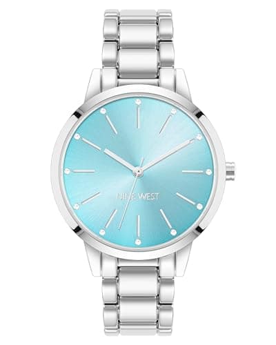Image of Nine West Women's Crystal Accented Bracelet Watch,Silver/Teal
