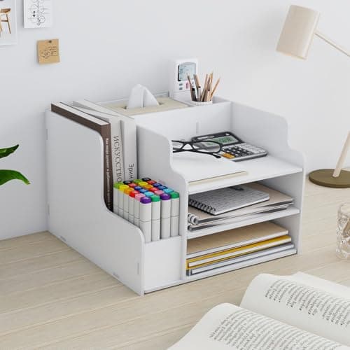 Image of PUNCIA 3-Tier Office White Letter Tray Desk Tidy Organiser A4 File Rack Paper Sorter Storage with Vertical Horizontal All in One Supplies Storage Box Desktop Magazine File Holder