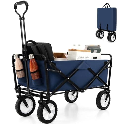 Image of TANGZON Folding Trolley Cart, Collapsible Festival Trolley Trailer with Adjustable Handle & 2 Cup Holders, Heavy Duty Pull Along Wagon Cart for Camping Beach Garden Shopping (Navy Blue)