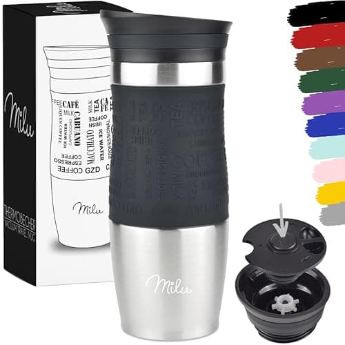 Image of Milu Travel Mug 370ml 450ml - Insulated Coffee Cup to go - 100% Leak Proof - Stainless Steel Drinking Mug - Car Mug Double Wall Insulation Thermo Coffee Flask (Black, 370ml)