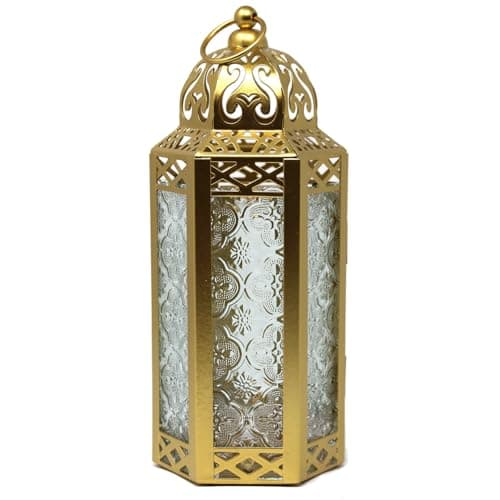 Image of VELA LANTERNS Gold Moroccan Candle Lantern Decorative Candle Holder Lamp for Indoor Outdoor, Ramadan, Home Decor, Patio, Weddings Metal, Clear Glass, Medium Lantern