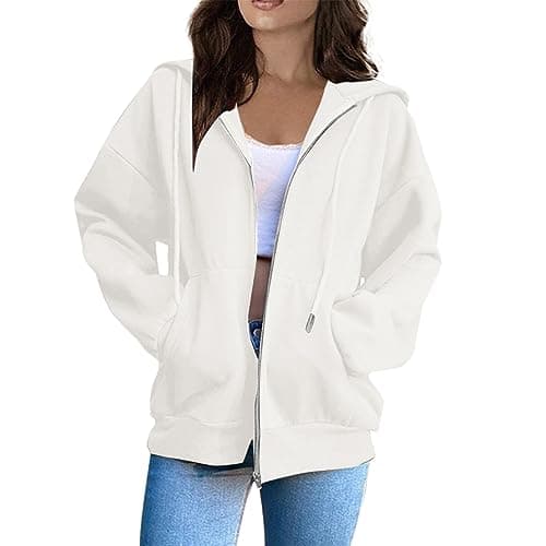 Image of Hoodies for Women Uk Oversized, Womens Plain Zip Up Hoodie Ladies Hoody Soft Casual Hooded Sweatshirt Top Long Sleeve Jacket Jumper 30th Birthday Gifts for Women,White,XXL,U87K