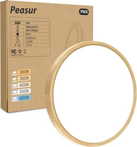 Image of Peasur Bathroom Light, 3000K/3500K/4000K/5000K/6500K 5 Color Temperature LED Ceiling Light, 15W 1500LM, IP54 Waterproof, Round, Small, Modern, Flush Ceiling Light for Bathroom, Kitchen, Bedroom, Wood