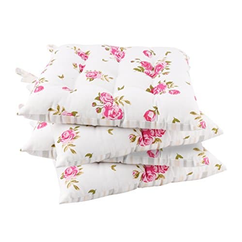 Image of Dibor Set of 4 Seat Pads Pink Floral Mattress Stitched Tie-On Dining Chair Cushions