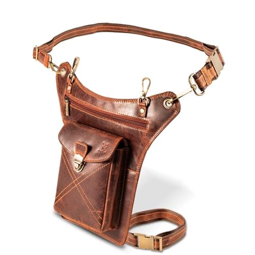 Image of MATADOR Outdoor Bag Genuine Leather Bum Bag Men Women Large Leg Bag Motorcycle Bag with Leg Strap Chest Pocket Waist Bag Men's Bag Leather Thigh Bag Leg Holster Motorcycle Clothing, Vintage Brown