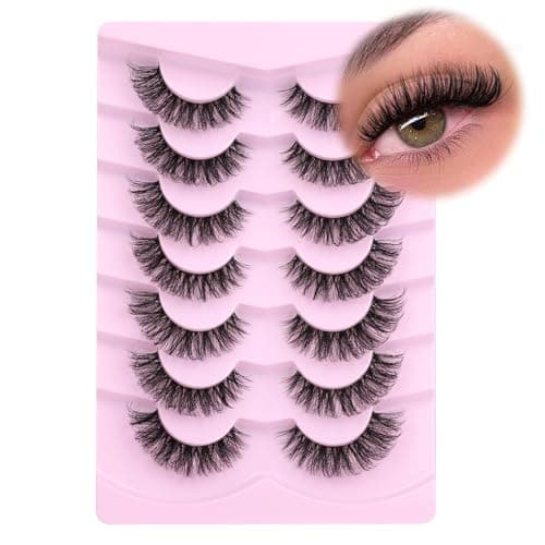 Image of Mavphnee Natural Look Wispy D Curl False Eyelashes Cat Eye Fake Lashes Strips 7 Pairs Clear Band Fluffy False Lashes Pack