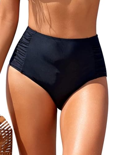 Image of SHEKINI Womens High Waisted Bikini Bottom Ruched Side Swim Bottoms Tummy Control Swim Shorts Vintage Swimming Briefs Bathing Suit Bottom Tankini Bottoms, Black, M