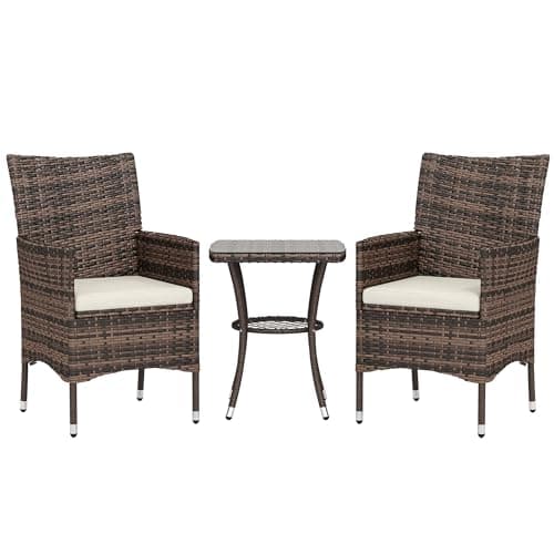Image of Outsunny 3 Pieces Rattan Bistro Set, Wicker Garden Furniture Set with 2-Tier Coffee Table and Chairs, Cushions, for Outdoor Patio Balcony, Brown