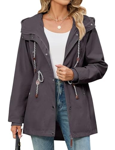 Image of CMTOP Jackets For Women Casual Hooded Softshell Jacket Drawstring Zip Up Parka Lightweight Outdoor Windbreaker with Pockets Windproof Transition Coats for Spring Fall(Dark Grey, L)