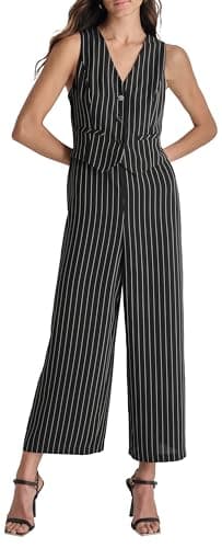 Image of DKNY Women's Sleeveless Vest Jumpsuit Dress, Black/Ivory, 14