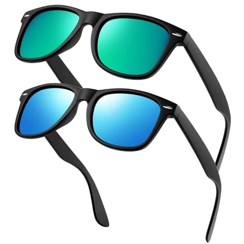 Image of KANASTAL 2 Packs Green Sunglasses Mens Polarised Blue Mirrored Sunglasses Retro Womens Square Retro Polarized Cool Coloured Ladies UV Protection - Blue Lens + Green Lens