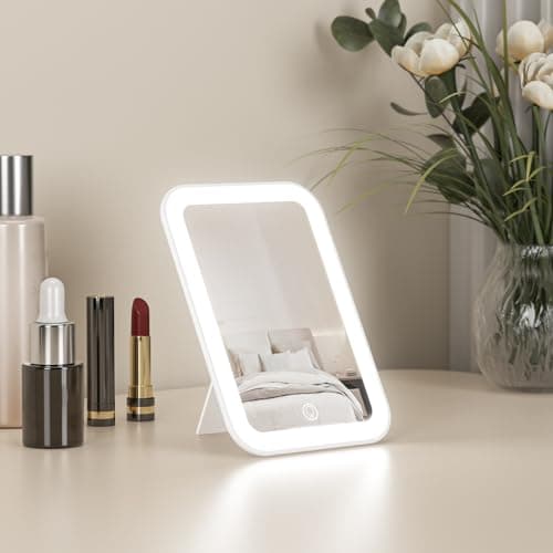 Image of Kintion 10.7 * 15.5cm Travel Makeup Mirror, LED Portable Rechargeable Light Up Mirror, Dimmable 3 Color Modes, Touch Screen, Desk Tabletop Mirrors for Handbag, Gifts for Girls, White